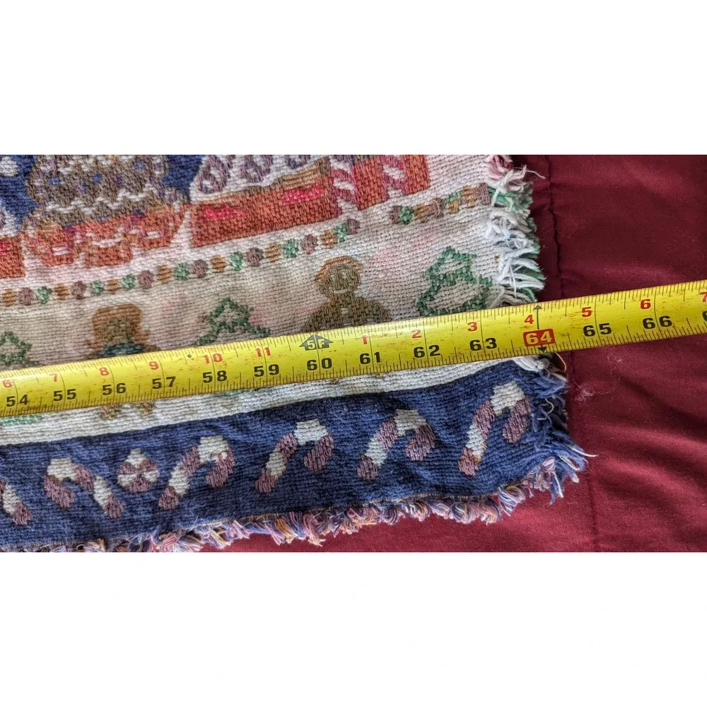 Vintage Christmas Tapestry Table Runner Gingerbread Winter Village Fringe 64in‎